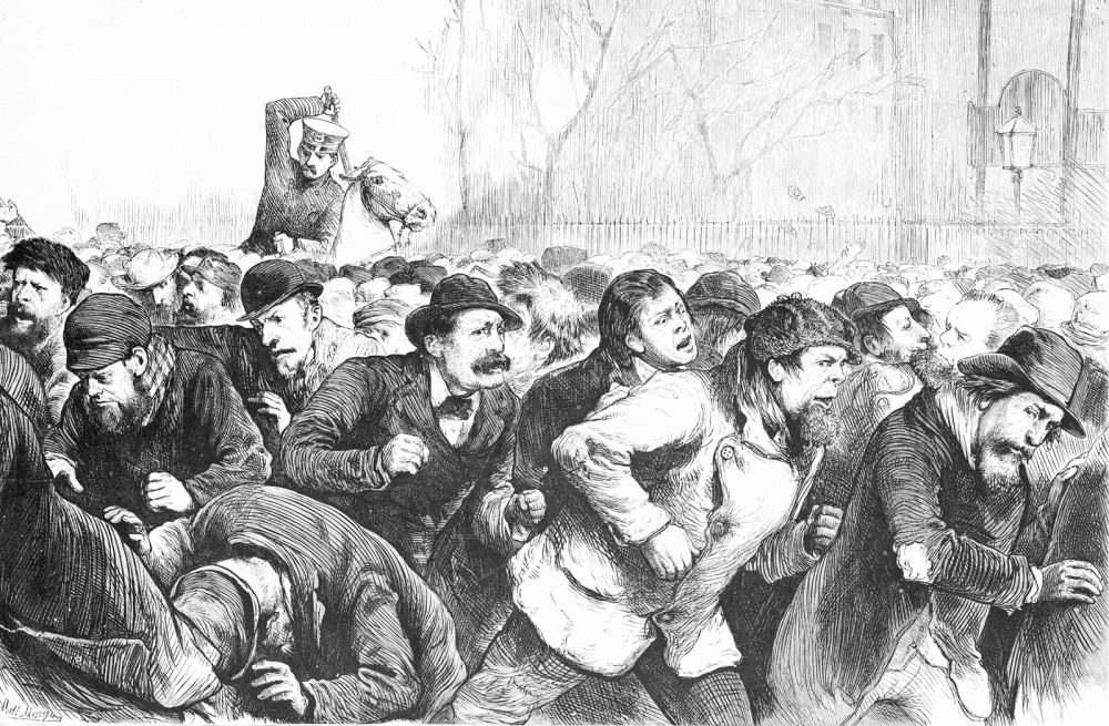 During the Panic of 1873, workers began demanding that the federal government help alleviate the strain on Americans. In January 1874, over 7,000 protesters congregated in New York City’s Tompkins Square to insist the government make job creation a priority. They were met with brutality as police dispersed the crowd, and consequently the unemployment movement lost much of its steam. Matt Morgen, Print of a crowd driven from Tompkins Square by the mounted police, in the Tompkins Square Riot of 1874, January 1874. Wikimedia, http://commons.wikimedia.org/wiki/File:Tompkins_square_riot_1874.jpg. 