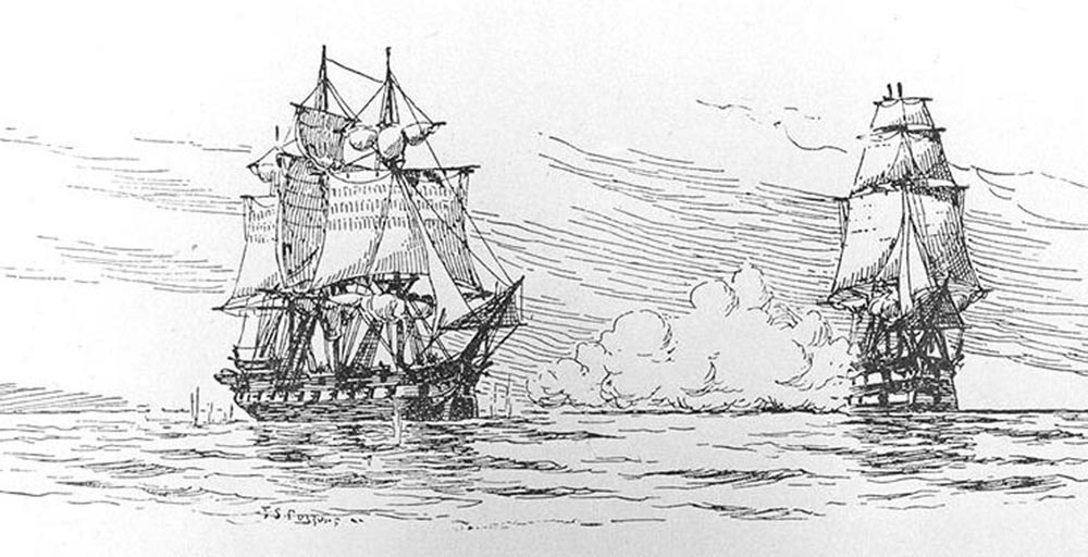 The attack of the Chesapeake caused such furor in the hearts of Americans that even 80 years after the incident, an artist sketched this drawing of the event. Fred S. Cozzens, “The incident between HMS ‘Leopard; and USS ‘Chesapeake’ that sparked the Chesapeake-Leopard Affair,” 1897. http://commons.wikimedia.org/wiki/File:Leopardchesapeake.jpg. 