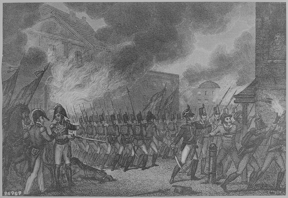 The artist shows Washington D.C. engulfed in flames as the British troops set fire to the city in 1813. "Capture of the City of Washington," August 1814. Wikimedia, http://commons.wikimedia.org/wiki/File:%22Capture_of_the_City_of_Washington,%22_August_1814,_1814_-_NARA_-_531090.jpg. 