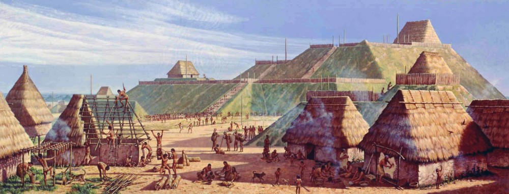 Computer-generated illustration of Cahokia, as it may have appeared around 1150 CE. Thatched huts appear in the foreground, and large earthen mounds are visible in the distance.