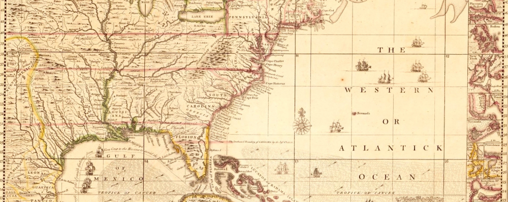 Henry Popple, “A map of the British Empire in America with the French and Spanish settlements adjacent thereto,” 1733 via Library of Congress.