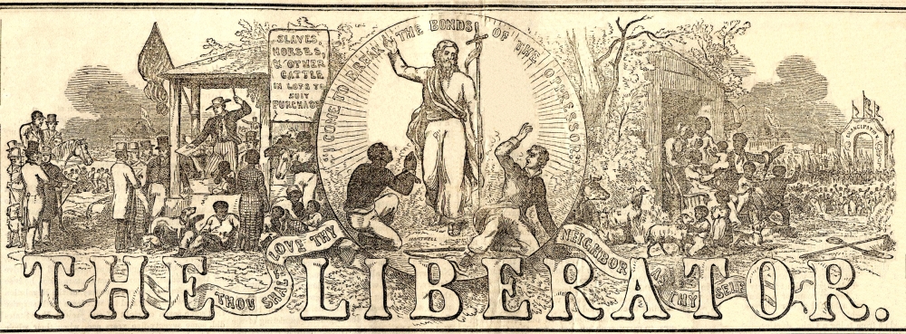 The masthead from an 1857 edition of The Liberator shows Christ, a kneeling enslaved man, and a spurned enslaver with his whip knocked out of his hand. To the left are violent scenes of slavery and to the right are jubilant celebrations next to an arch that says emancipation. 