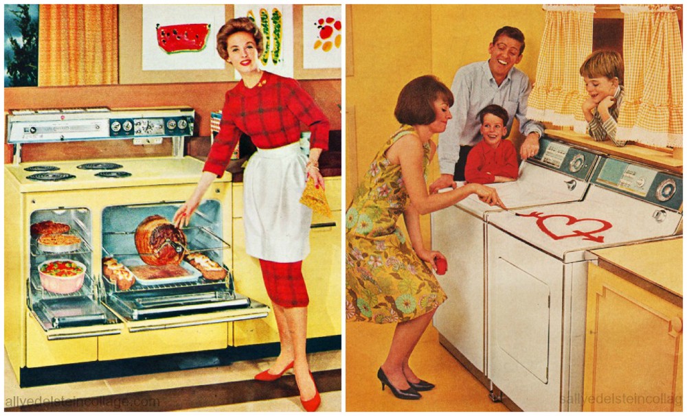 There are two advertisements here, one for an oven and another for a washer and dryer set. Women appear happy in both ads. In the washer and dryer ad, a happy husband and two children also admire the appliances. 