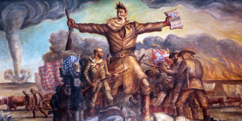 John Brown stands over two bodies holding a rifle in one hand and a Bible in the other. Behind him are two groups of people, one flying the United States flag, the other flying the Confederate flag. Flames and a tornado are in the background.