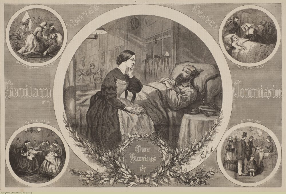 This print from Thomas Nast celebrates the work of the United States Sanitary Commission which here are called "Our Heroes." Five vignettes show the work of the Sanitary Commission in tending to the sick, sewing materials, and distributing goods. 