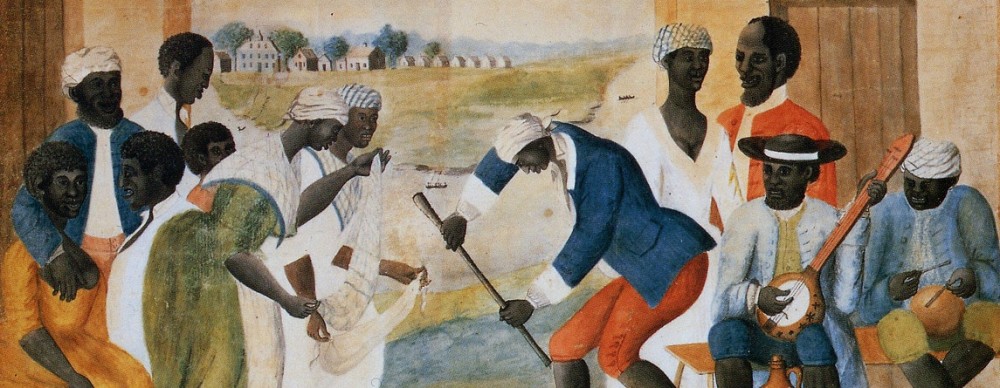 Enslaved people playing music and dancing. Unidentified artist, The Old Plantation, c. 1790–1800, Abby Aldrich Rockefeller Folk Art Museum. Wikimedia.