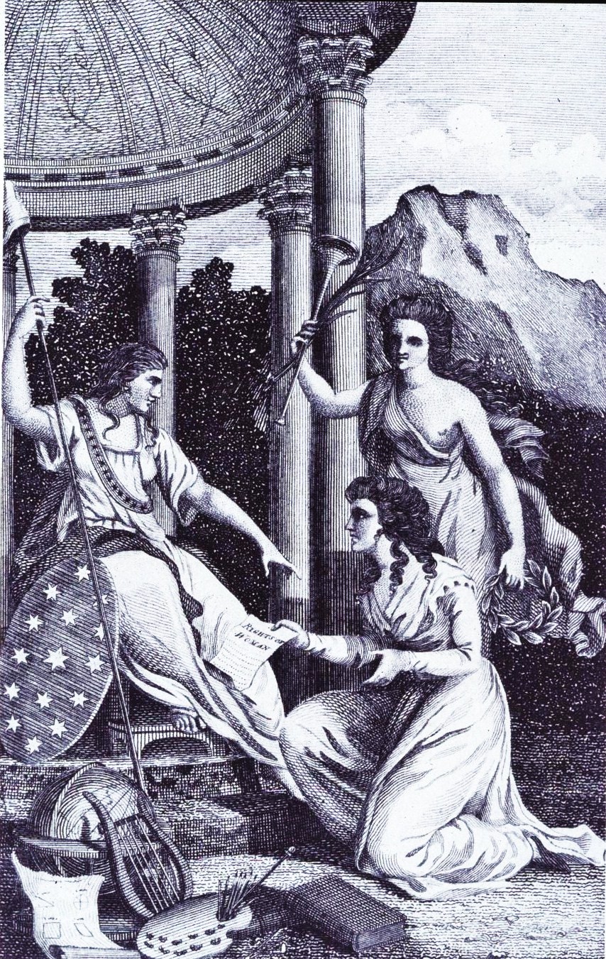 Thackara & Vallance, Frontispiece and title page from "The Lady's magazine, and repository of entertaining knowledge" showing the "Genius of the Ladies magazine" presenting the figure of Liberty with a copy of Mary Wollstoncraft's "Vindication of the rights of women," 1792 via Library of Congress. 