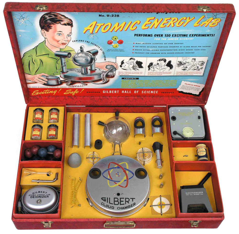 This toy laboratory set was intended to let young people perform small scale experiments with radioactive materials in their own home. Equipped with a small working Geiger Counter, a “cloud chamber,” and samples of radioactive ore, the set’s creator claimed that the government supported its production to help Americans become more comfortable with nuclear energy.