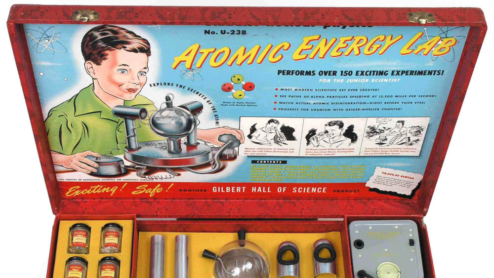 This toy laboratory set was intended to let young people perform small scale experiments with radioactive materials in their own home. Equipped with a small working Geiger Counter, a “cloud chamber,” and samples of radioactive ore, the set’s creator claimed that the government supported its production to help Americans become more comfortable with nuclear energy. A.C. Gilbert Company, “U-238 Atomic Energy Lab” (1950-51), via Wikipedia.