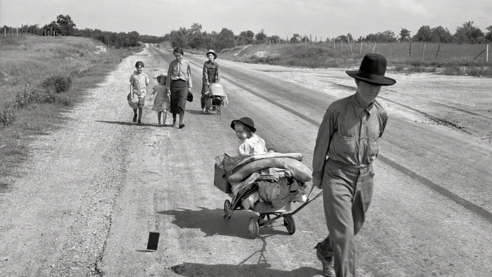During her assignment as a photographer for the Works Progress Administration (WPA), Dorothea Lange documented the movement of migrant families forced from their homes by drought and economic depression. This family was in the process of traveling 124 miles by foot, across Oklahoma, because the father was unable to receive relief or WPA work of his own due to an illness.