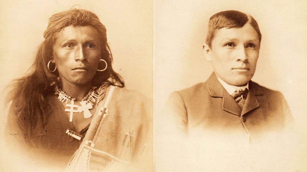 Tom Torlino, a member of the Navajo Nation, entered the Carlisle Indian School, a Native American boarding school founded by the United States government in 1879, on October 21, 1882 and departed on August 28, 1886. Torlino’s student file contained photographs from 1882 and 1885. Source: Carlisle Indian School Digital Resource Center.