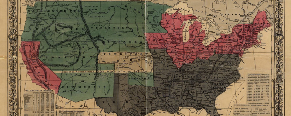 This piece of Republican propaganda from the 1856 election makes clear distinctions between free states, slave states, and territories.  Featured at the top of the page are engravings of John C. Fremont and his running mate, William C. Dayton.  A vibrant red sets off the free states.  The chart, “Freedom vs. Slavery,” demonstrates the North’s economic and cultural superiority over slave states in terms of everything from population per square mile, capital in manufactures, miles of railroad, the number of newspapers and public libraries, and value of churches.