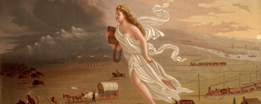 Although the original painting was only seen by a small number of Americans, the engraving was widely distributed, reinforcing and perhaps spreading the nationalistic ideals of the “Manifest Destiny” ideology. Columbia, the central female figure representing America, leads the Americans into the West and thus into the future by carrying the values of republicanism (as seen through her Roman garb) and progress (shown through the inclusion of technological innovations like the telegraph). In the process, Columbia clears the West of any possible hindrances to this progress, including the native peoples and animals pushed into the darkness. Engraving after John Gast, Manifest Destiny, 1872. Wikimedia, http://commons.wikimedia.org/wiki/File:American_progress.JPG. 