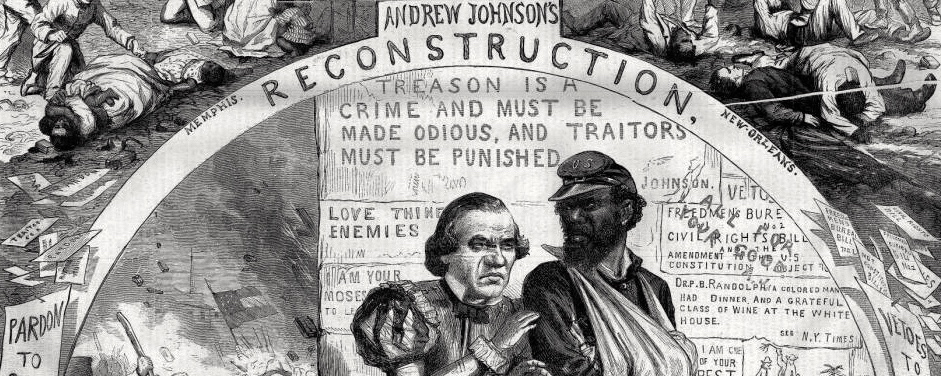 This political cartoon uses themes of the Shakespearean play Othello to mock President Andrew Johnson. Open the image page for a full description. 