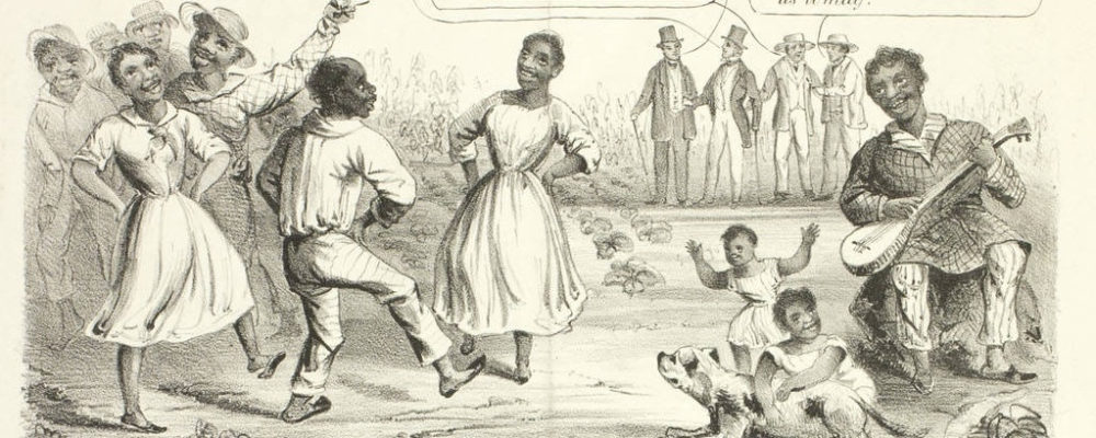 This proslavery cartoon  ignorantly portrays enslaved people who, according to white observers, were cheerful and pleased with their bondage. These enslaved people are juxtaposed with beaten down British factory workers. Proslavery advocates attempted to claim that English factory workers suffered a worse “slavery” than enslaved Africans and African Americans in the American South.