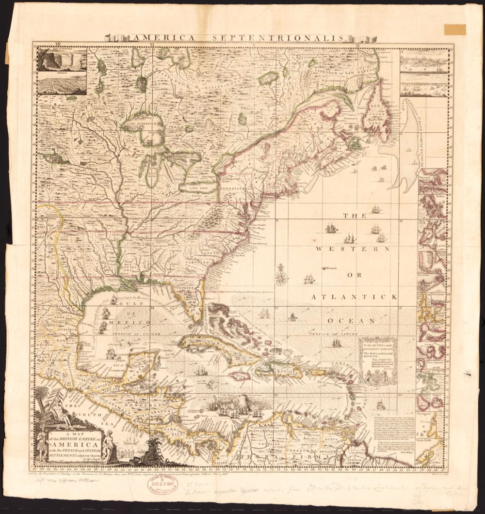 Henry Popple, "A map of the British Empire in America with the French and Spanish settlements adjacent thereto," 1733 via Library of Congress. 