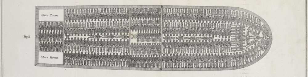 Drawing of the brutally dense packing of human bodies in a slave ship. Bodies are shown lying next to one another tightly packed. 