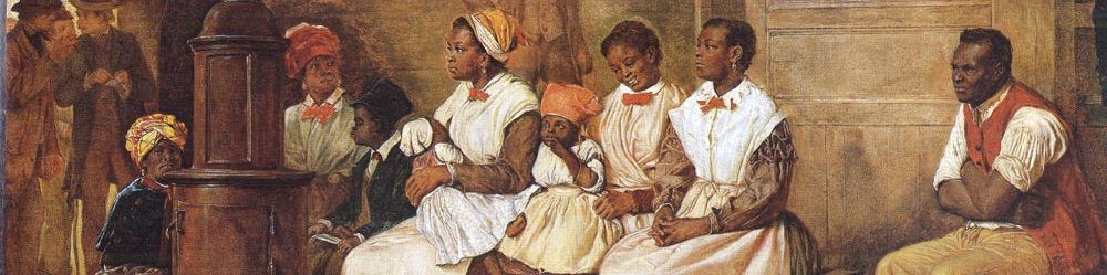 This painting shows a number of enslaved people seated, waiting for a slave sale. 