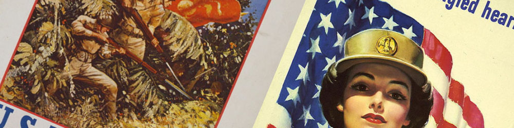 This pair of US Military recruiting posters demonstrates the way that two branches of the military—the Marines and the Women’s Army Corps—borrowed techniques from advertising professionals to “sell” a romantic vision of war to Americans. These two images take different strategies: one shows Marines at war in a lush jungle, reminding viewers that the war was taking place in exotic lands, the other depicted women taking on new jobs as a patriotic duty. Bradshaw Crandall, “Are you a girl with a star-spangled heart?” Recruiting Publicity Bureau, US Women’s Army Corps Recruiting Poster (1943); Unknown, “Let’s Go Get ‘Em.” Beck Engraving Co. (1942). .