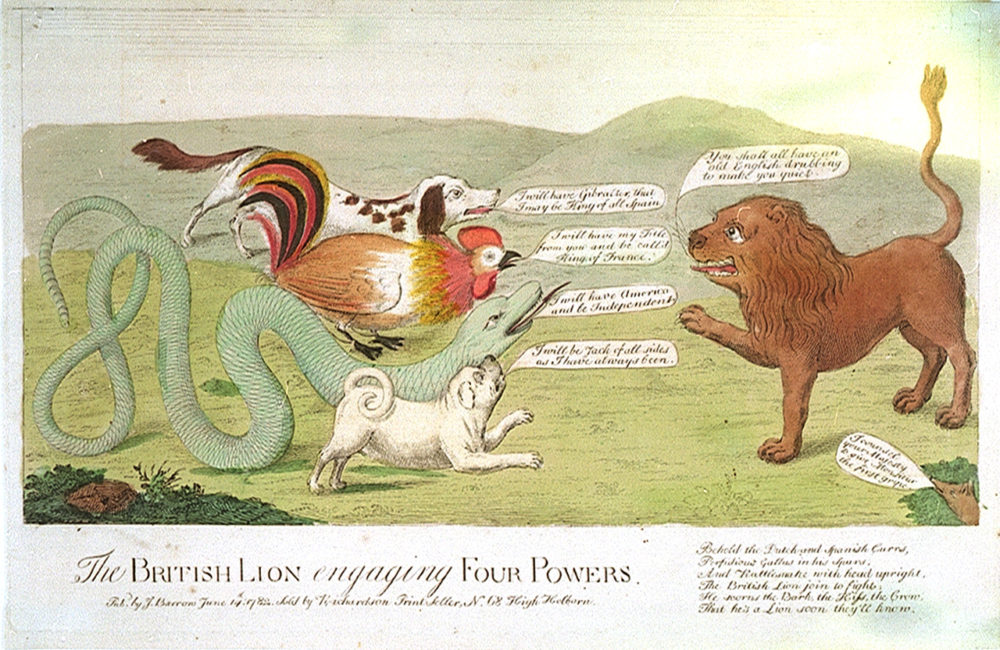 J. Barrow, "The British Lion engaging Four Powers," 1782, via National Maritime Museum, Greenwich, London. 