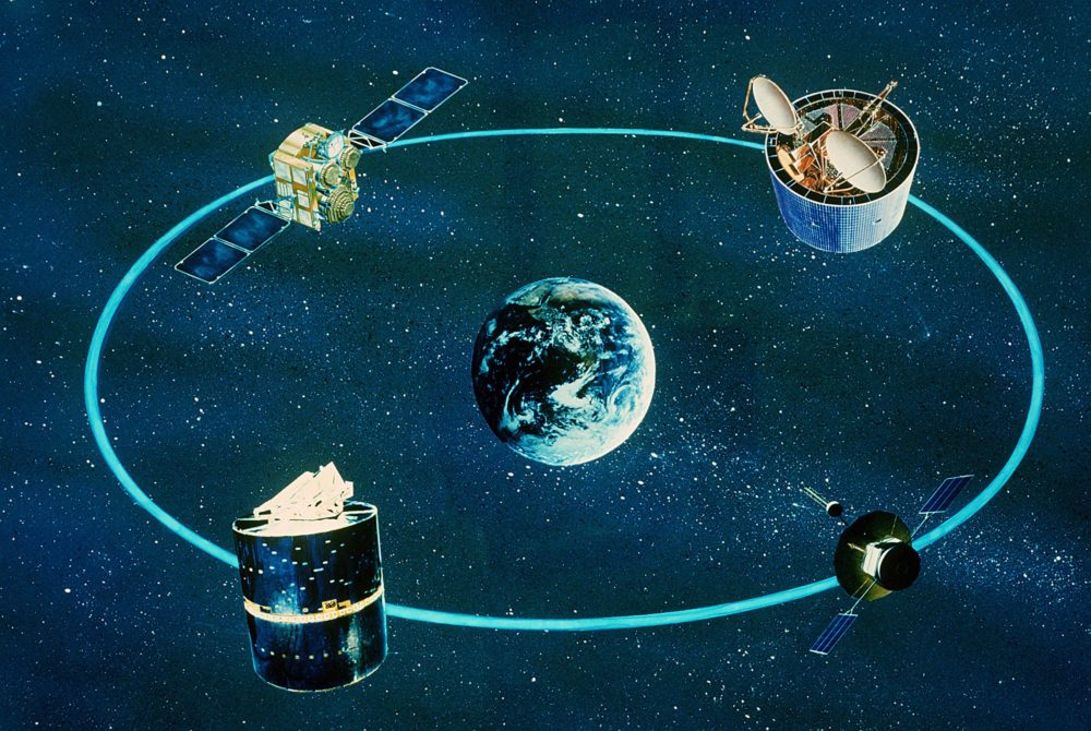 An artist's concept of various communications satellites in orbit; 11/23/1981. Via National Archives (ID: 6364532).