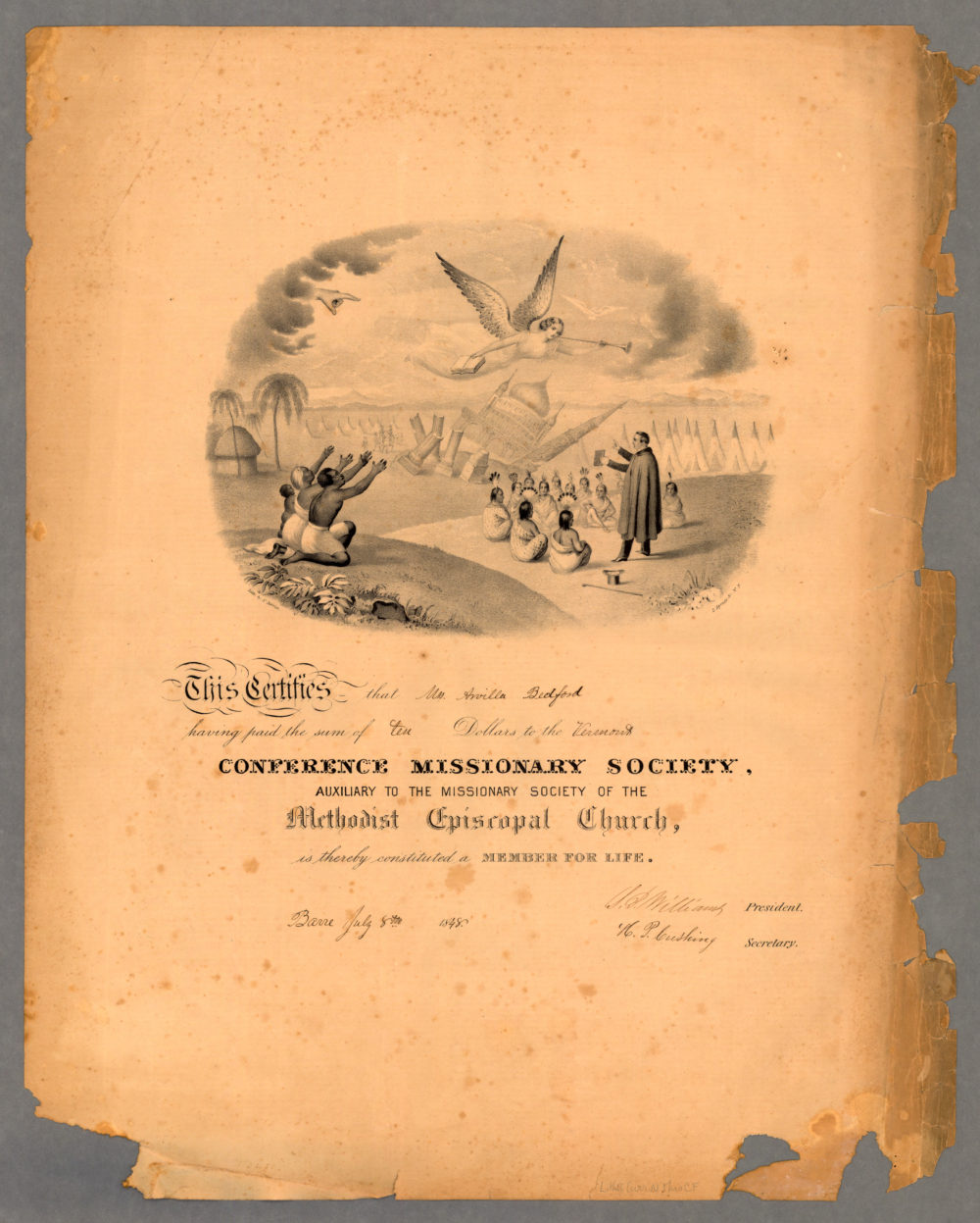 N. Currier, Membership Certificate to [Vermont] Conference Missionary Society, 1848, via American Antiquarian Society. 