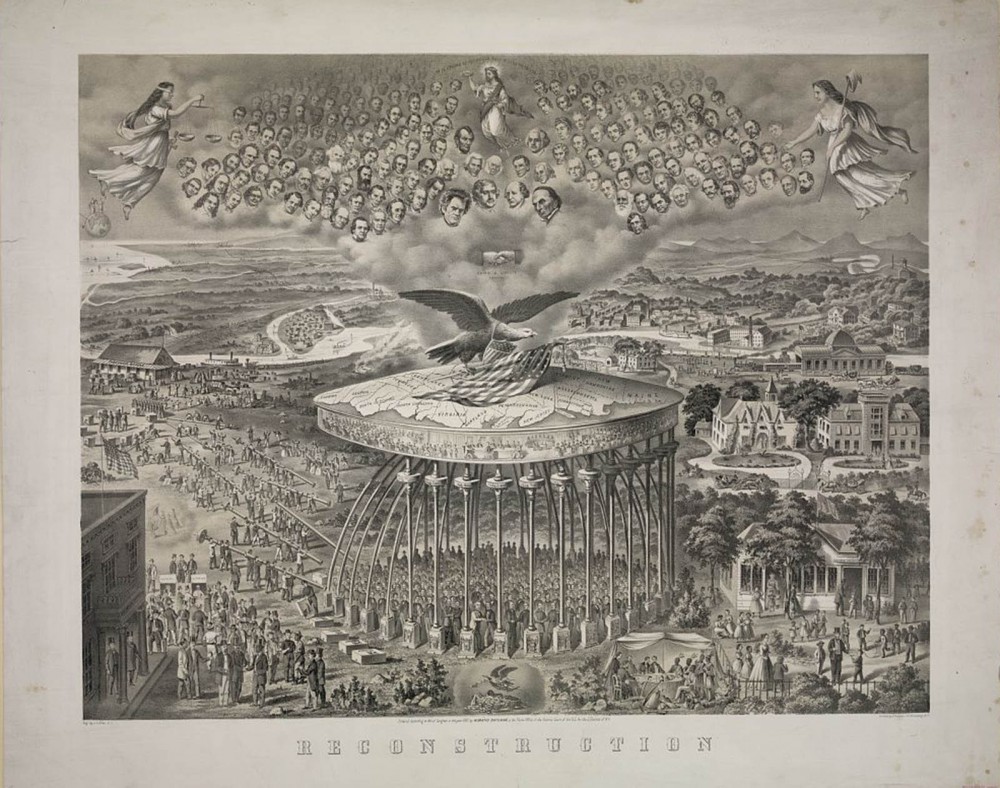 This elaborate print shows the erection of a dome emblazoned with the map of the nation. Dozens of floating heads depicting major political luminaries float above between two angels. 