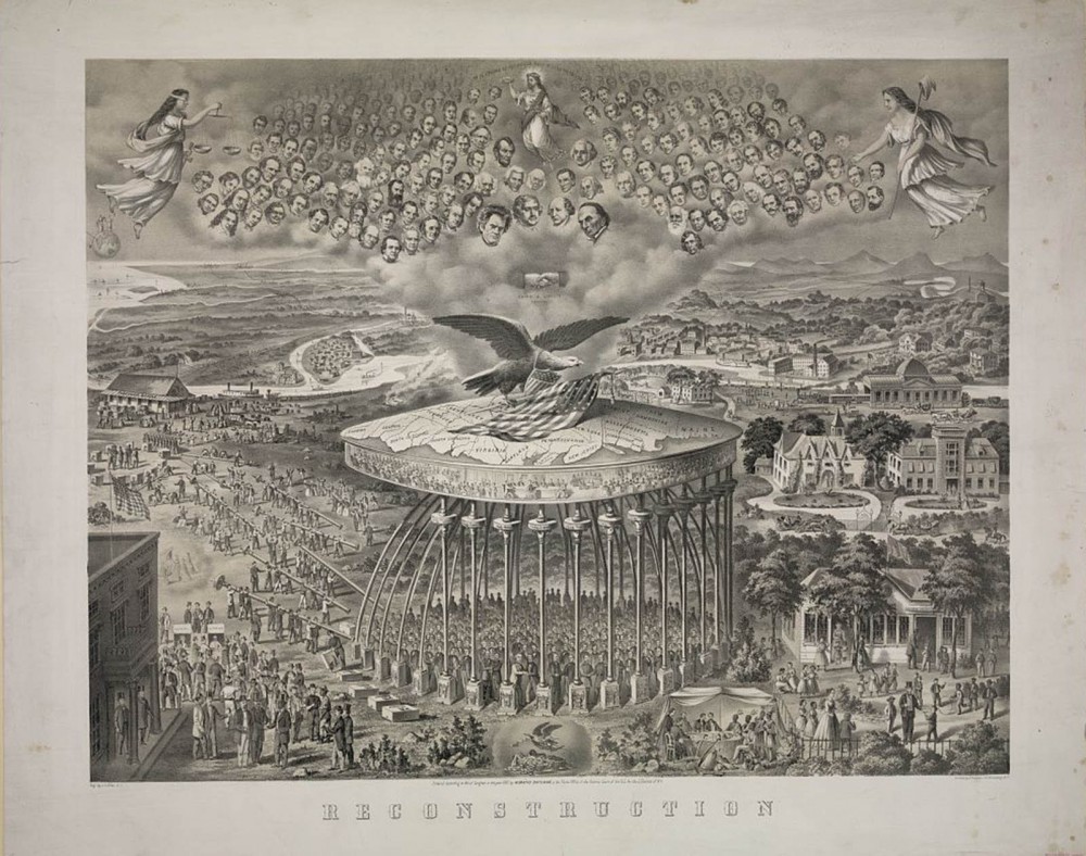 While no one could agree on what the best plan for reconstructing the nation would be, Americans understood the moment as critical and perhaps revolutionary. In this magnificent visual metaphor for the reconciliation of the North and South, John Lawrence postulates what might result from reunion. Reconstruction, the print seems to argue, will form a more perfect Union that upholds the ideals of the American Revolution, most importantly (as seen on a streaming banner near the top) that “All men are born free and equal.” John Giles Lawrence, “Reconstruction,” 1867. Library of Congress, http://www.loc.gov/pictures/item/2004665356/. 