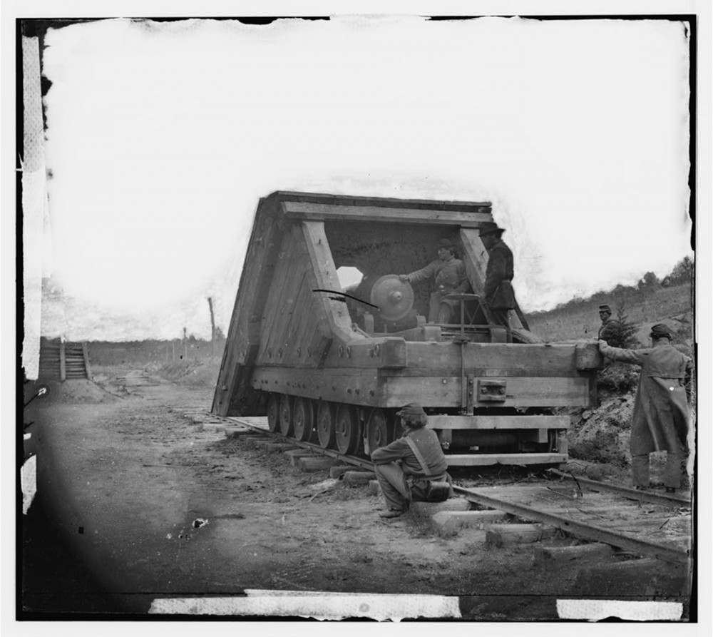 New and more destructive warfare technology emerged during this time that utilized discoveries and innovations in other areas of life, like transportation. This photograph shows Robert E. Lee's railroad gun and crew used in the main eastern theater of war at the siege of Petersburg, June 1864-April 1865. “Petersburg, Va. Railroad gun and crew,” between 1864 and 1865. Library of Congress, http://www.loc.gov/pictures/item/cwp2003000572/PP/. 