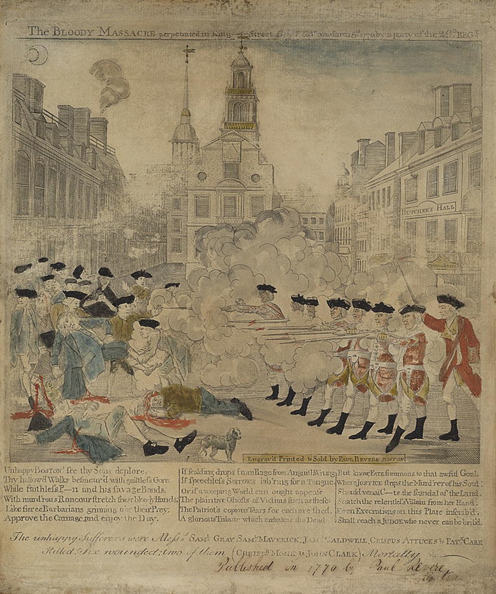 This iconic image of the Boston Massacre by Paul Revere sparked fury in both Americans and the British by portraying the redcoats as brutal slaughterers and the onlookers as helpless victims. The events of March 5, 1770 did not actually play out as Revere pictured them, yet his intention was not simply to recount the affair. Revere created an effective propaganda piece that lent credence to those demanding that the British authoritarian rule be stopped. Paul Revere (engraver), “The bloody massacre perpetrated in King Street Boston on March 5th 1770 by a party of the 29th Regt.,” 1770. Library of Congress, http://www.loc.gov/pictures/item/2008661777/. 