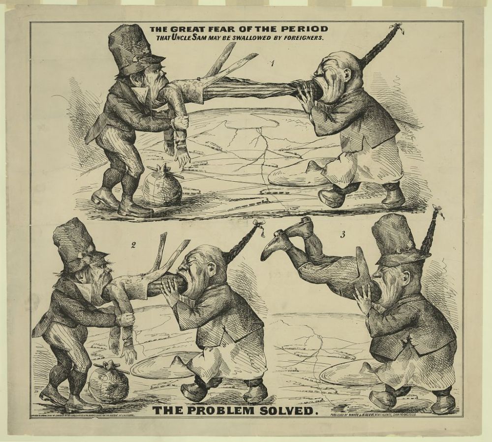 This cartoon depicts a highly racialized image of a Chinese immigrant and Irish immigrant “swallowing” the United States–in the form of Uncle Sam. Networks of railroads and the promise of American expansion can be seen in the background. “The great fear of the period That Uncle Sam may be swallowed by foreigners : The problem solved,” 1860-1869. Library of Congress.