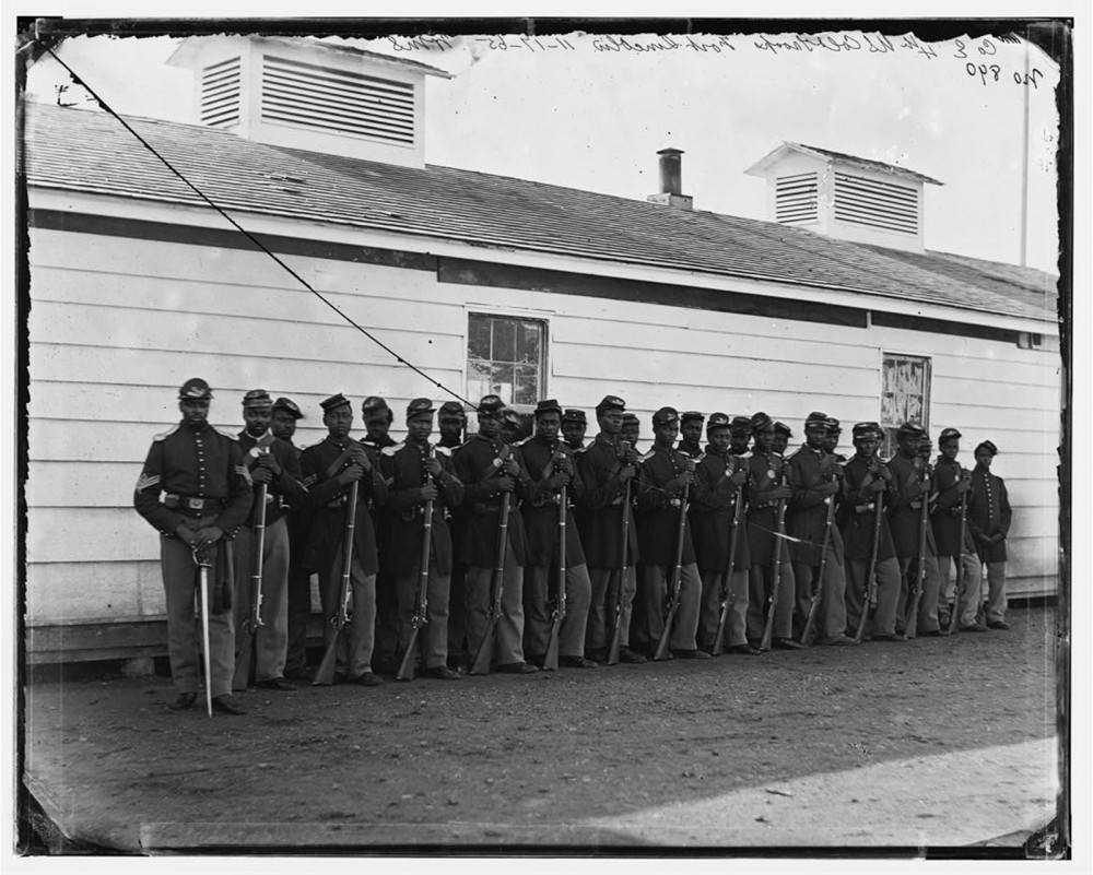 The creation of black regiments was another kind of innovation during the Civil War. Northern free blacks and newly freed slaves joined together under the leadership of white officers to fight for the Union cause. This novelty was not only beneficial for the Union war effort; it also showed the Confederacy that the Union sought to destroy the foundational institution (slavery) upon which their nation was built. William Morris Smith, “[District of Columbia. Company E, 4th U.S. Colored Infantry, at Fort Lincoln],” between 1863 and 1866. Library of Congress, http://www.loc.gov/pictures/item/cwp2003000946/PP/. 