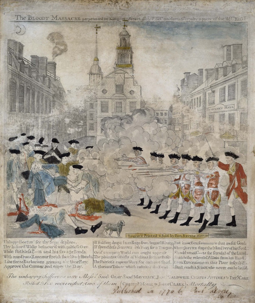 This iconic image of the Boston Massacre by Paul Revere sparked fury in both Americans and the British by portraying the redcoats as brutal slaughterers and the onlookers as helpless victims. The events of March 5, 1770 did not actually play out as Revere pictured them, yet his intention was not simply to recount the affair. Revere created an effective propaganda piece that lent credence to those demanding that the British authoritarian rule be stopped. The bottom includes a poem that reads, "Unhappy BOSTON! see thy Sons deplore, Thy hallowe'd Walks besmear'd with guiltless Gore: While faithless --- and his savage Bands, With murd'rous Rancour stretch their bloody Hands; Like fierce Barbarians grinning o'er their Prey, Approve the Carnage, and enjoy the Day. If scalding drops from Rage from Anguish Wrung If speechless Sorrows lab' ring for a Tongue, Or if a weeping World can ought appease The plaintive Ghosts of Victims such as these; The Patriot's copious Tears for each are shed, A glorious Tribute which embalms the Dead. But know, FATE summons to that awful Goal, Where JUSTICE strips the Murd'rer of his Soul: Should venal C-ts the scandal of the Land, Snatch the relentless Villain from her Hand, Keen Execrations on this Plate inscrib'd, Shall reach a JUDGE who never can be brib'd. The unhappy Sufferers were Messs. SAM. L GRAY, SAM.L MAVERICK, JAM.S CALDWELL , CRISPUS ATTUCKS & PAT.K CARR Killed. Six wounded two of them (CHRIST.R MONK & JOHN CLARK) Mortally."