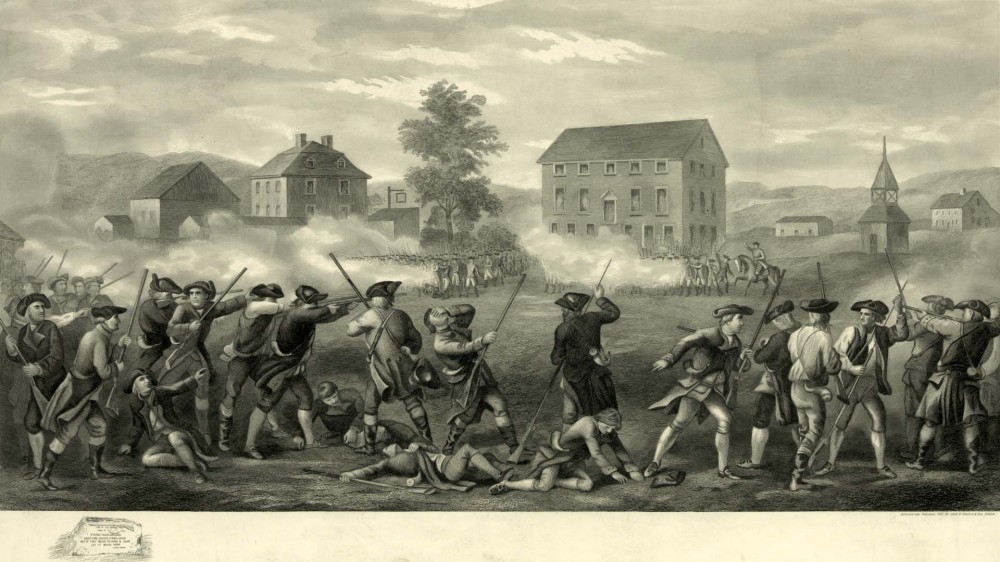 An illustration depicting the Battle of Lexington, published by John H. Daniels & Son, c1903. Library of Congress, LC-DIG-pga-00995.