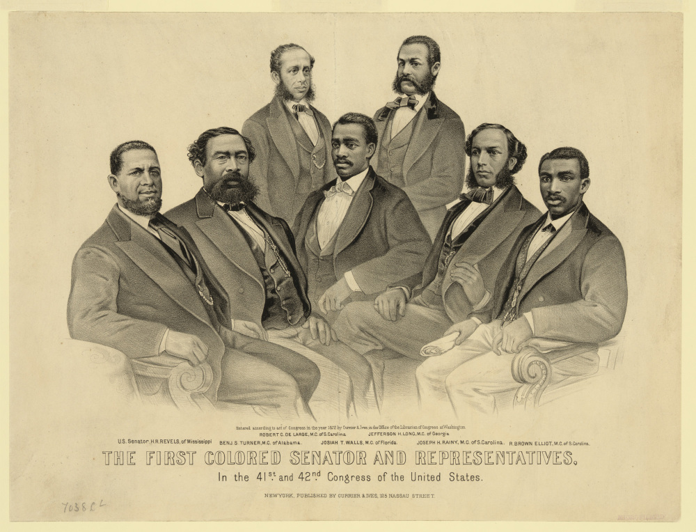 The era of Reconstruction witnessed a few moments of true progress. One of those was the election of African Americans to local, state, and national offices, including both houses of Congress. Pictured here are Hiram Revels (the first African American Senator) alongside six black representatives, all from the former Confederate states. Currier & Ives, “First Colored Senator and Representatives in the 41st and 42nd Congress of the United States," 1872. Library of Congress, LC-DIG-ppmsca-17564.