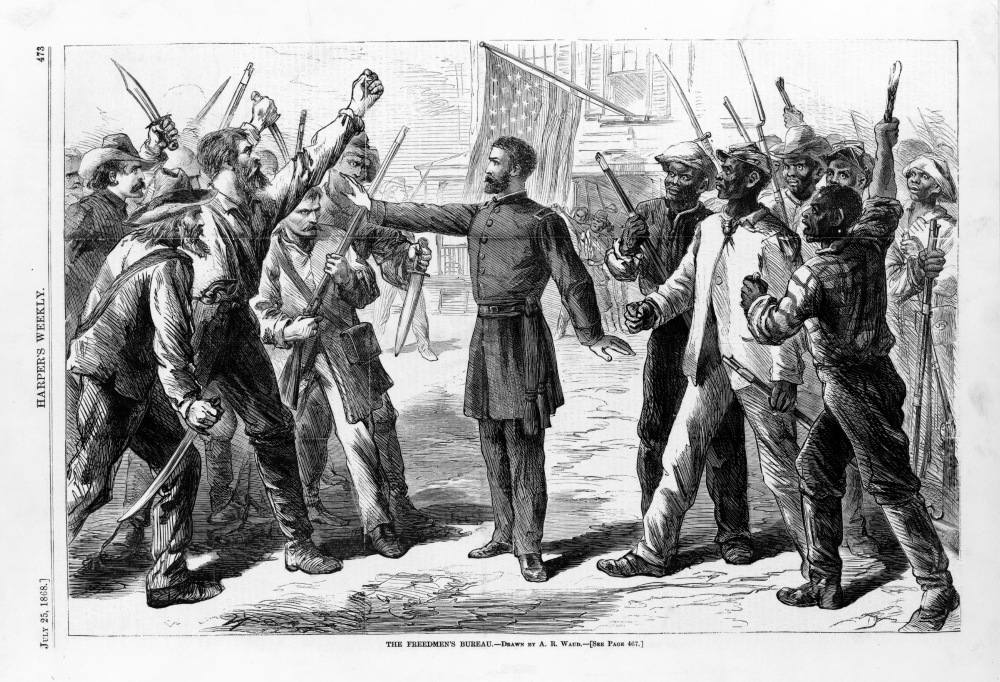 This Harper’s Weekly print shows a soldier in the Freedmen's Bureau standing between a group or armed and angry white men and a group of Black men.