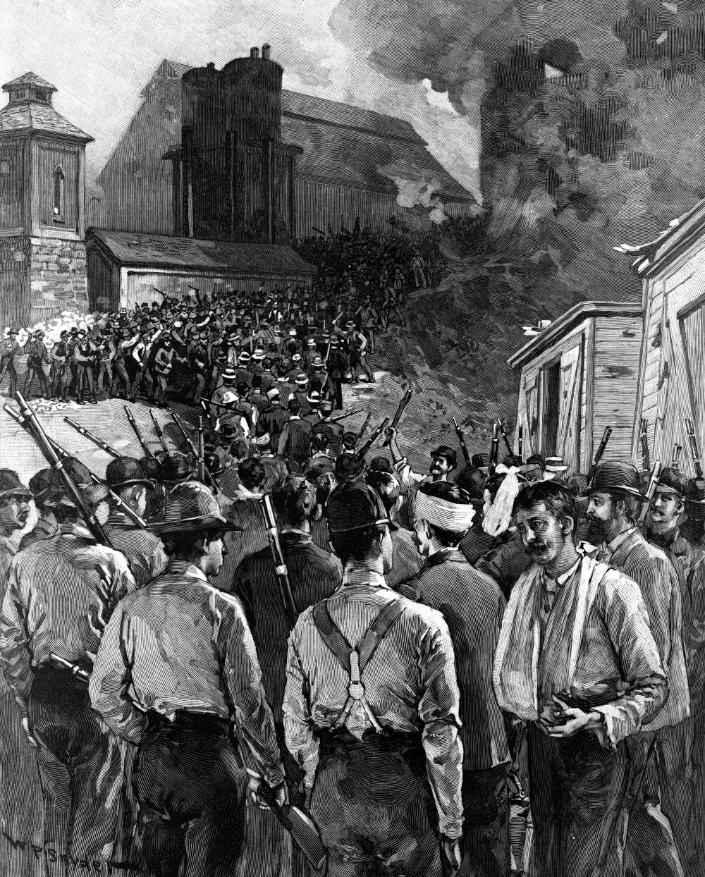 An 1892 cover of Harper’s Weekly depicting the Homestead Riot, showed Pinkerton men who had surrendered to the steel mill workers navigating a gauntlet of violent strikers. W.P. Synder (artist) after a photograph by Dabbs, “The Homestead Riot,” 1892. Library of Congress, LC-USZ62-126046.