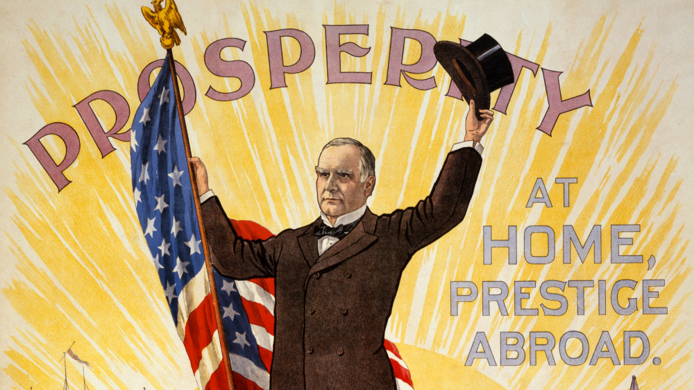 Conservative William McKinley promised prosperity to ordinary Americans through his “sound money” initiative, a policy he ran on during his election campaigns in 1896 and again in 1900. This election poster touts McKinley’s gold standard policy as bringing “Prosperity at Home, Prestige Abroad.” “Prosperity at home, prestige abroad,” [between 1895 and 1900]. Library of Congress,.