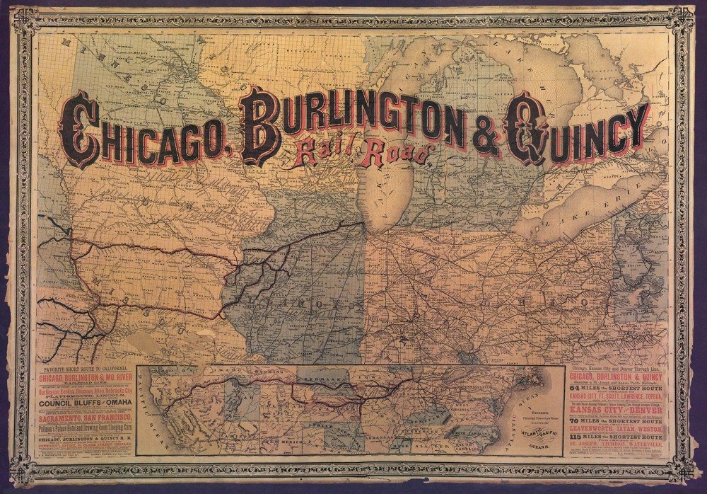 Railroads made the settlement and growth of the West possible. By the late nineteenth century, maps of the mid-West like this one were filled with advertisements of how quickly a traveler could get nearly anywhere in the country. Map. Environment and Society, http://www.environmentandsociety.org/sites/default/files/29-chicago-burlington--quincy-rail-road-circa-1880.jpg. 