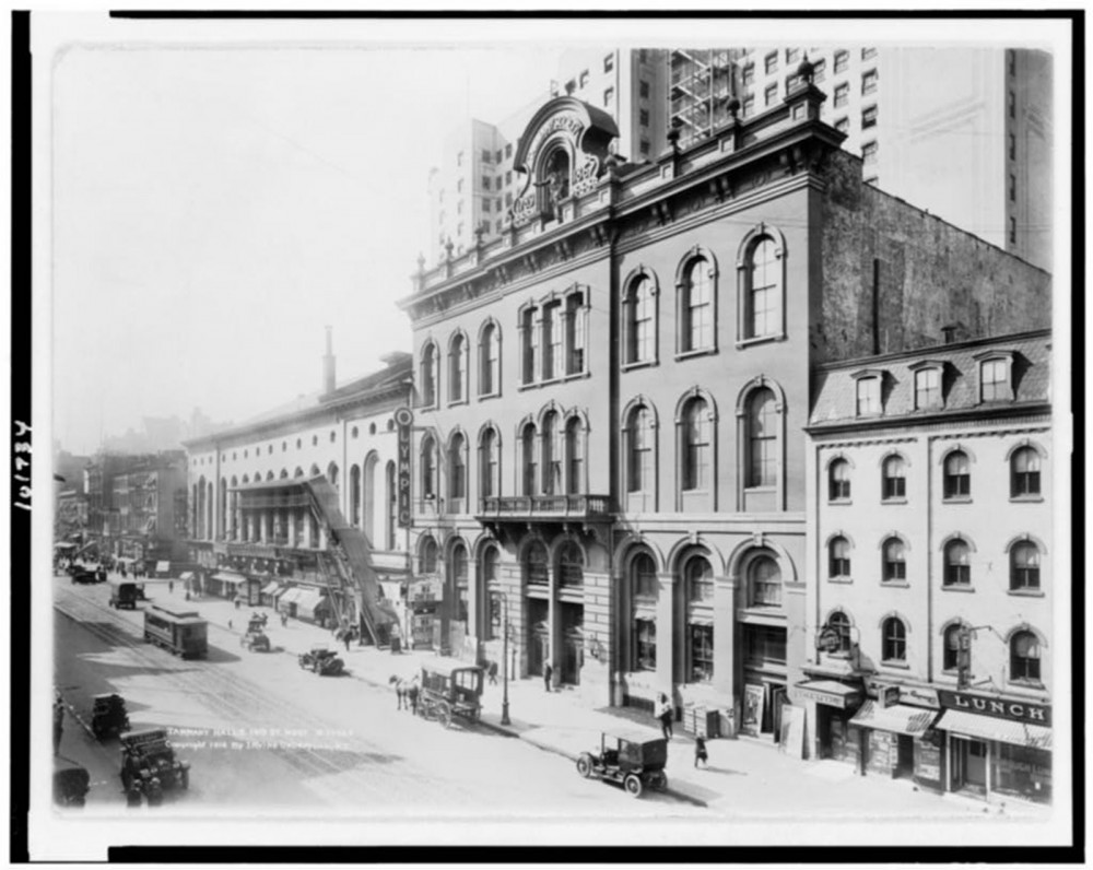 Tammany Hall was at its political height in the late nineteenth and early twentieth centuries, around the time this photograph of the building at Tammany Hall and 14th St. West was taken. It practically controlled Democratic Party nominations and political patronage in New York City from the 1850s through the 1930s. Irving Underhill (photographer),” c. 1914. Tammany Hall & 14th St. West,” Library of Congress, http://www.loc.gov/pictures/item/90713159/. 
