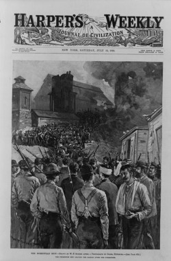 A 1892 cover of Harper’s Weekly depicted the result of the Homestead Riot, showing the Pinkerton men are seen leaving the barge in defeat after surrendering to the Carnegie steel mill workers. The Pinkerton men, who at the forefront appear calm and composed, are walked through a violent mob of mill workers as they depart from the scene.W.P. Synder (artist) after a photograph by Dabbs, “The Homestead Riot,” 1892. Library of Congress, http://www.loc.gov/pictures/item/00650151/.