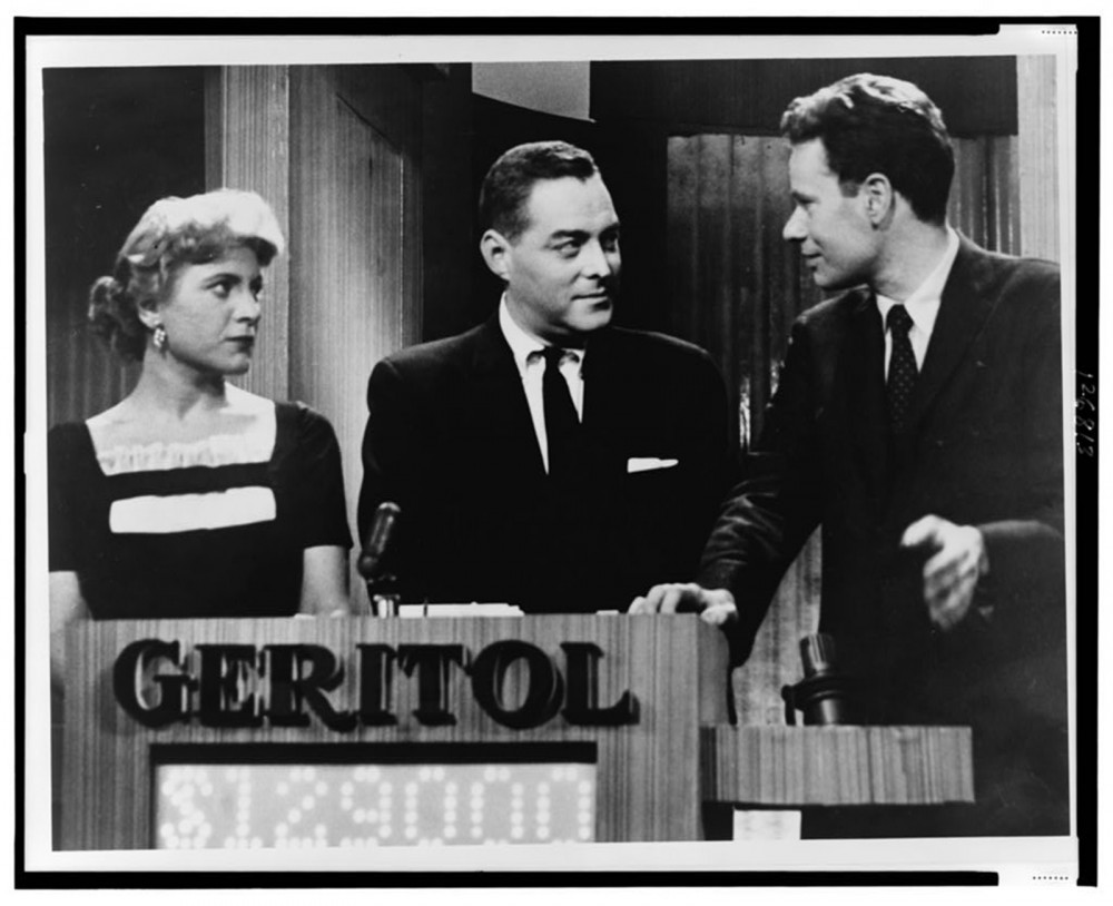 Advertising began creeping up everywhere in the 1950s. No longer confined to commercials or newspapers, advertisements were subtly (or not so subtly in this case) worked into TV shows like the Quiz Show “21”. (Geritol is a dietary supplement.) Orlando Fernandez, “[Quiz show "21" host Jack Barry turns toward contestant Charles Van Doren as fellow contestant Vivienne Nearine looks on],” 1957. Library of Congress, http://www.loc.gov/pictures/item/00652124/.