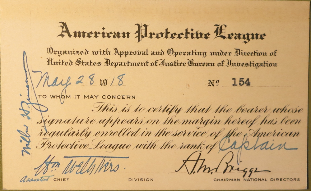 The large numbers of German immigrants living throughout the United States created suspicion within the federal government. The American Protective League, a group of private citizens, worked directly with the U.S. government during WWI to identify suspected German sympathizers. Additionally, they sought to eradicate all radical, anarchical, left-wing, and anti-war activities through surveillance and raids. Even J. Edgar Hoover, the infamous head of the FBI, used the APL to gather intelligence. A membership card in the American Protective League, issued 28 May 1918. Wikimedia, http://commons.wikimedia.org/wiki/File:APL-Membership-Card.png.