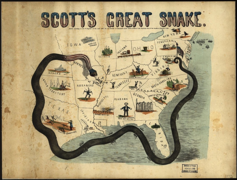 Winfield Scott’s Anaconda Plan meant to slowly squeeze the South dry of its resources, blocking all coastal ports and inland waterways to prevent the importation of goods or the export of cotton. This print, while poorly drawn, does a great job of making clear the Union’s plan. J.B. Elliott, “Scott's great snake. Entered according to Act of Congress in the year 1861,” 1861. Library of Congress, http://www.loc.gov/item/99447020/. 
