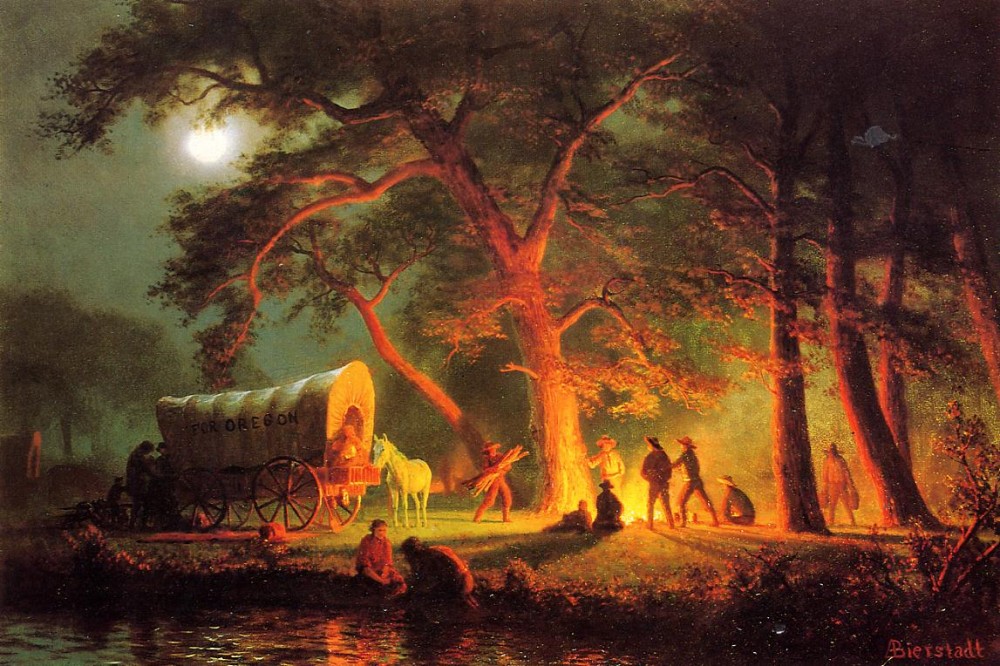 This additional romantic image of the process of settler migration shows a family gathered by a fire alongside a covered wagon. 