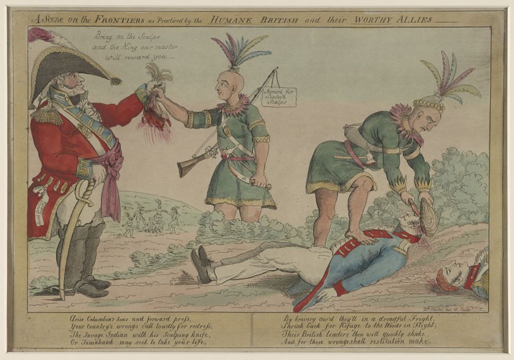 As pictured in this 1812 political cartoon published in Philadelphia, Americans lambasted the British and their native allies for what they considered “savage” offenses during war, though Americans too were engaging in such heinous acts. William Charles, “A scene on the frontiers as practiced by the "humane" British and their ‘worthy’ allies,” Philadelphia: 1812. Library of Congress, http://www.loc.gov/pictures/item/2002708987/.