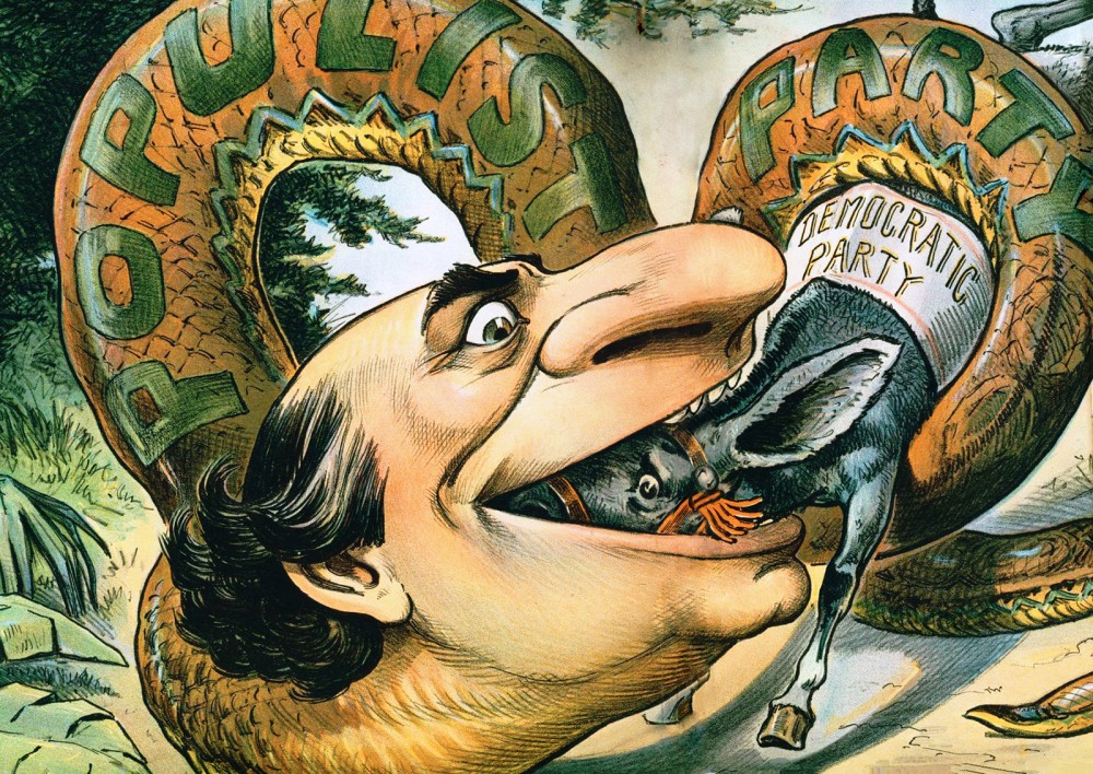 William Jennings Bryan espoused Populists politics while working within the two-party system as a Democrat. Republicans characterized this as a kind hijacking by Bryan, arguing that the Democratic Party was now a party of a radical faction of Populists. The pro-Republican magazine Judge rendered this perspective in a political cartoon showing Bryan (representing Populism writ large) as huge serpent swallowing a bucking mule (representing the Democratic party). Political Cartoon, Judge, 1896. Wikimedia, http://commons.wikimedia.org/wiki/File:Bryan,_Judge_magazine,_1896.jpg.