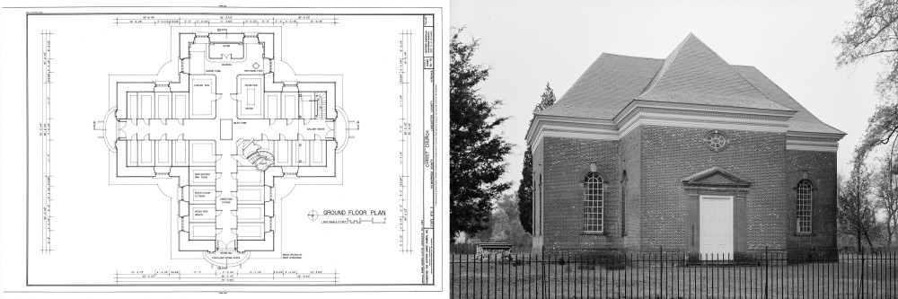 A blueprint and photograph of Christ Church, Virginia, via Library of Congress.