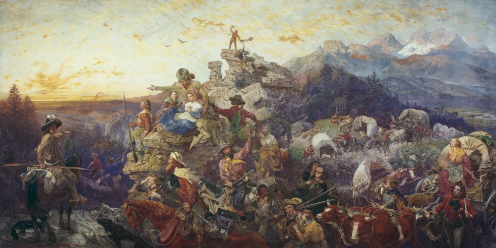 This painting depicts white settlers as heroically marching into the West. Images like this celebrated a the violent process of Native American dispossession. 