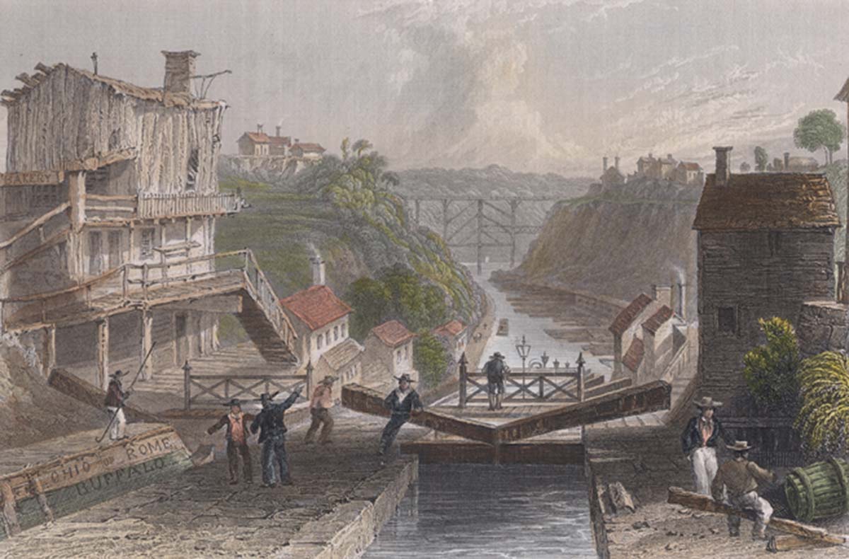 An engraving showing the locks and bridges of the Erie Canal, based on W.H. Bartlett, "Lockport, Erie Canal,” 1839, http://commons.wikimedia.org/wiki/File:Lockport_bartlett_color_crop.jpg.